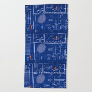 blue-blueprint-with-construction-workers--tennis-racquet-beach-towels