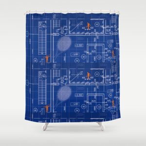 blue-blueprint-with-construction-workers--tennis-racquet-shower-curtains